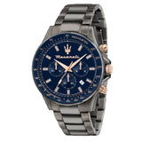 Ανδρικό ρολόι Maserati Sfida R8873640001 χρονογράφος με γκρι μπρασελέ από ανοξείδωτο ατσάλι, μπλε καντράν, ροζ χρυσούς δείκτες και γκρι κάσα 44mm