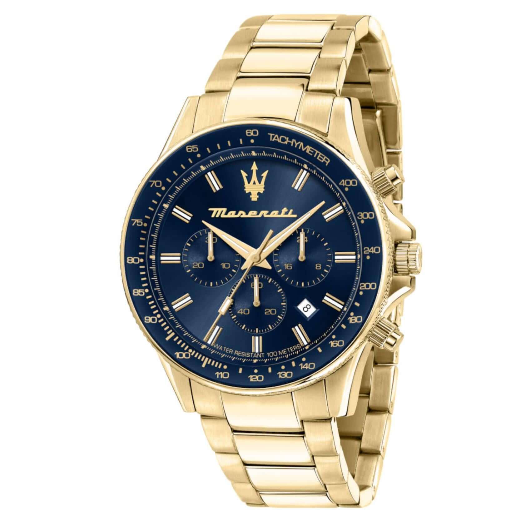 Ανδρικό ρολόι Maserati Sfida R8873640008 χρονογράφος με χρυσό μπρασελέ από ανοξείδωτο ατσάλι, μπλε καντράν, χρυσούς δείκτες και κάσα 44mm