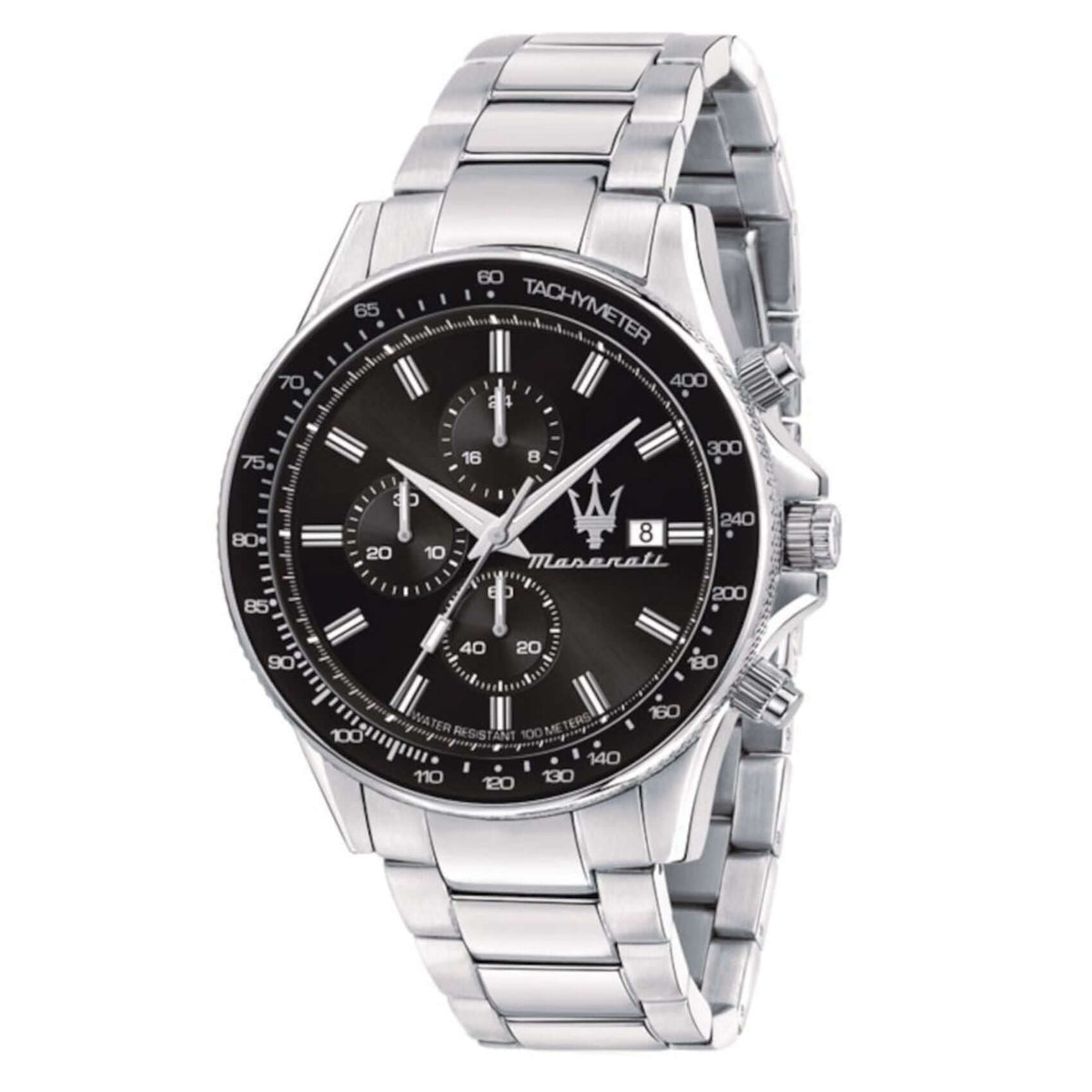 Ανδρικό ρολόι Maserati Sfida R8873640015 χρονογράφος με ασημί μπρασελέ από ανοξείδωτο ατσάλι, μαύρο καντράν, ασημένιους δείκτες και κάσα 44mm