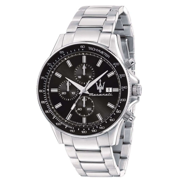 Ανδρικό ρολόι Maserati Sfida R8873640015 χρονογράφος με ασημί μπρασελέ από ανοξείδωτο ατσάλι, μαύρο καντράν, ασημένιους δείκτες και κάσα 44mm