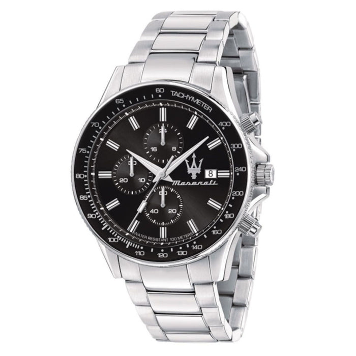 Ανδρικό ρολόι Maserati Sfida R8873640015 χρονογράφος με ασημί μπρασελέ από ανοξείδωτο ατσάλι, μαύρο καντράν, ασημένιους δείκτες και κάσα 44mm