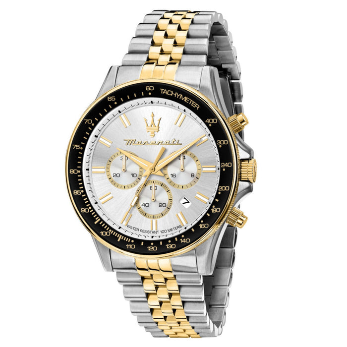 Ανδρικό ρολόι Maserati Sfida R8873640024 χρονογράφος με δίχρωμο μπρασελέ από ανοξείδωτο ατσάλι σε ασημί και χρυσό, ασημί καντράν, επίχρυσους δείκτες και κάσα 44mm με χρυσές και μαύρες λεπτομέρειες