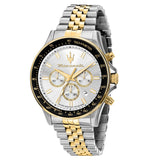 Ανδρικό ρολόι Maserati Sfida R8873640024 χρονογράφος με δίχρωμο μπρασελέ από ανοξείδωτο ατσάλι σε ασημί και χρυσό, ασημί καντράν, επίχρυσους δείκτες και κάσα 44mm με χρυσές και μαύρες λεπτομέρειες