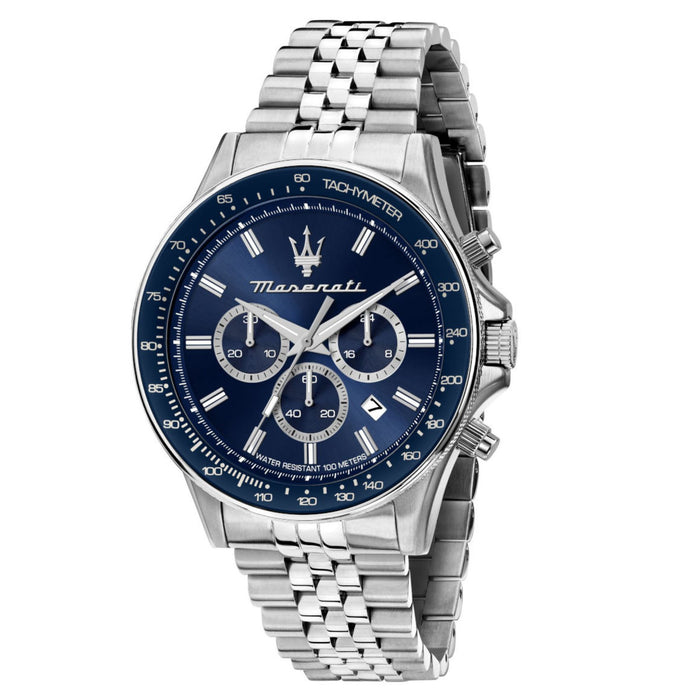 Ανδρικό ρολόι Maserati Sfida R8873640025 χρονογράφος με ασημί μπρασελέ από ανοξείδωτο ατσάλι, μπλε καντράν, ασημένιους δείκτες και κάσα 44mm