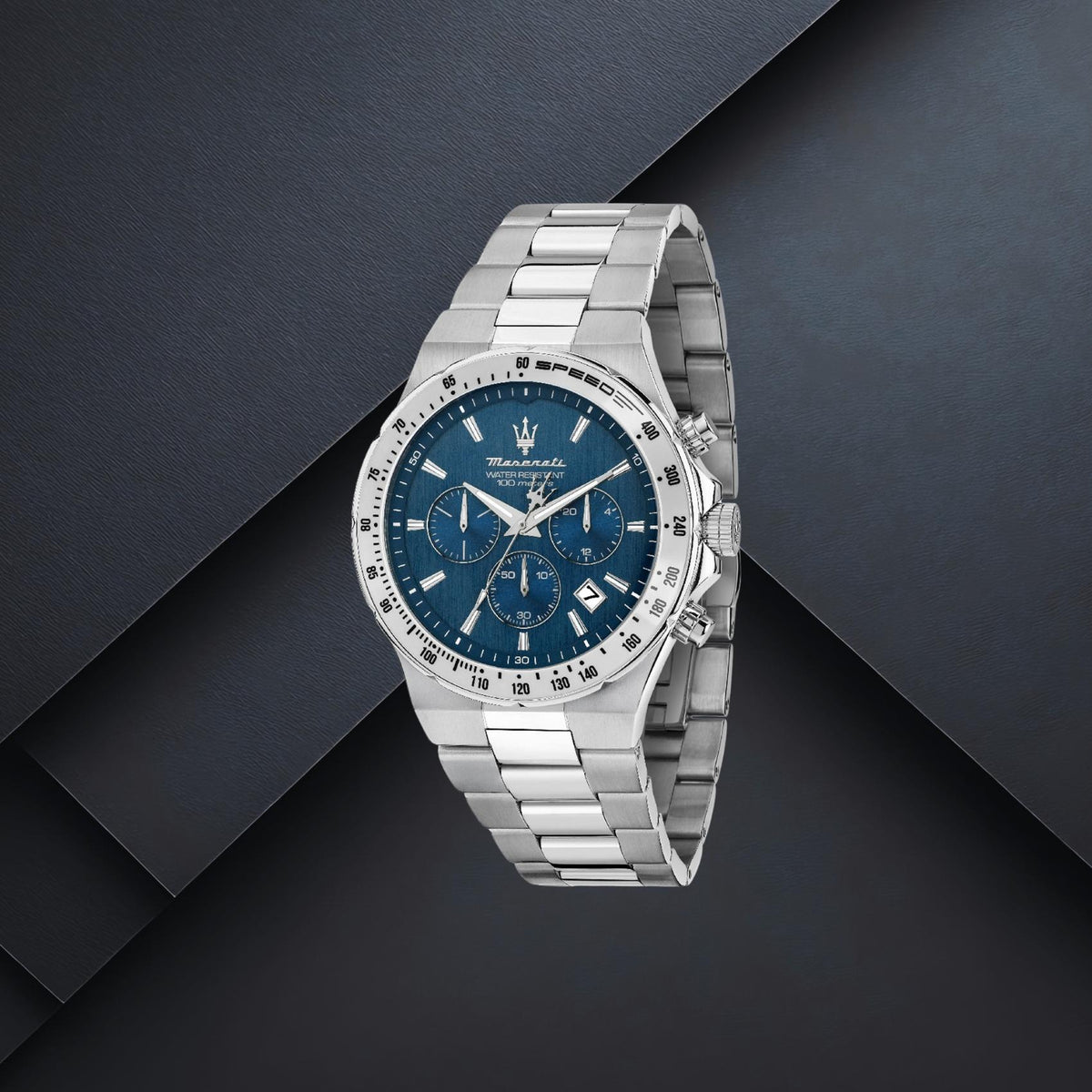 Ανδρικό ρολόι Maserati Sfida R8873640029 με ασημί μπρασελέ, μπλε καντράν 41mm, χρονογράφος και ημερομηνία