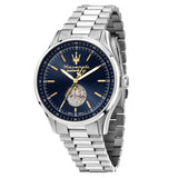 Ανδρικό ρολόι Maserati Sorpasso R8823124002 με ασημί μπρασελέ από ανοξείδωτο ατσάλι, μπλε καντράν με εμφανή μηχανισμό, επίχρυσους δείκτες, κάσα 42mm, αχάρακτο κρύσταλλο ζαφειριού και αυτόματο μηχανισμό.