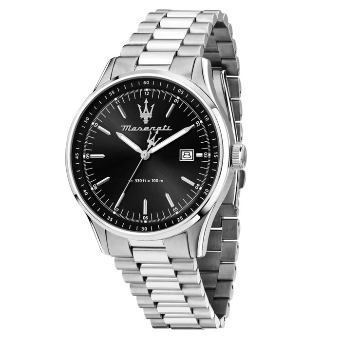 Ανδρικό ρολόι Maserati Sorpasso R8853124003 με ασημί μπρασελέ από ανοξείδωτο ατσάλι, μαύρο καντράν, ασημί δείκτες και κάσα 42mm