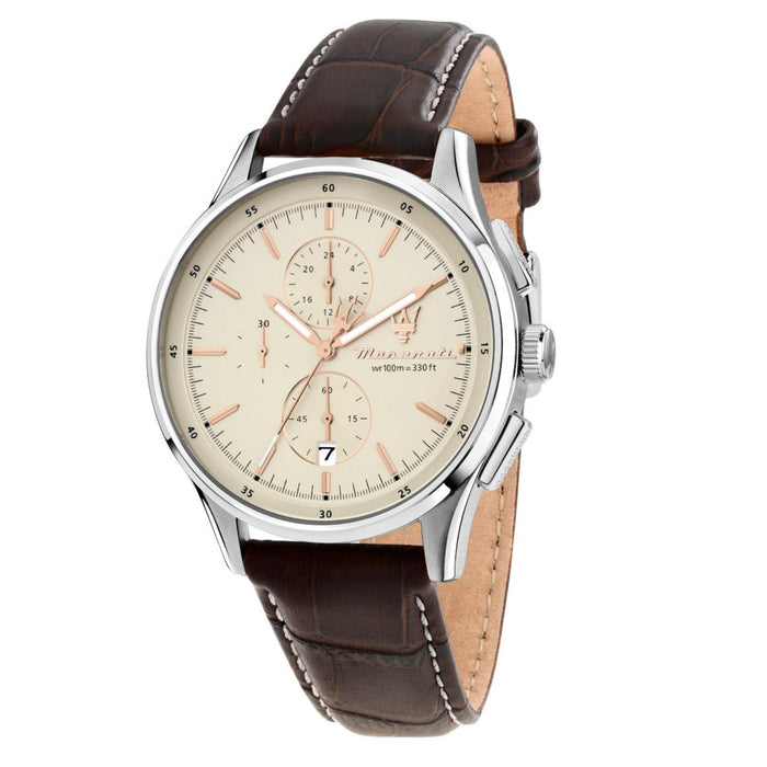 Ανδρικό ρολόι Maserati Sorpasso R8871624010 χρονογράφος με καφέ δερμάτινο λουράκι, μπεζ καντράν με ροζ χρυσούς δείκτες και κάσα 42mm