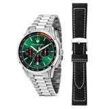 Ανδρικό ρολόι Maserati Sorpasso R8873624002 χρονογράφος με ασημί μπρασελέ από ανοξείδωτο ατσάλι και πράσινο καντράν, που συνοδεύεται από δώρο ένα μαύρο δερμάτινο λουράκι