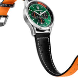 Ανδρικό ρολόι Maserati Sorpasso R8873624002 χρονογράφος με μαύρο δερμάτινο λουράκι, πράσινο καντράν, ασημί δείκτες και κάσα 42mm