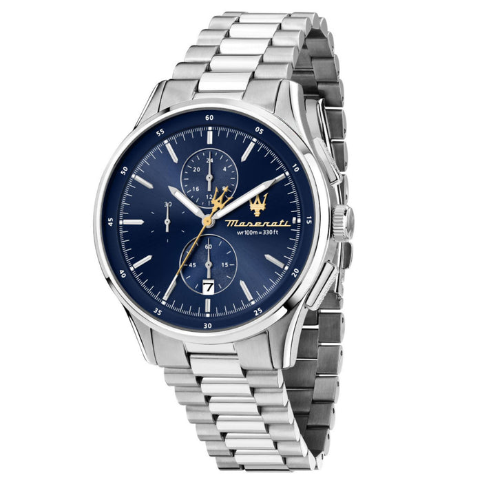Ανδρικό ρολόι Maserati Sorpasso R8873624004 χρονογράφος με ασημί μπρασελέ από ανοξείδωτο ατσάλι, μπλε καντράν, ασημί δείκτες και κάσα 42mm