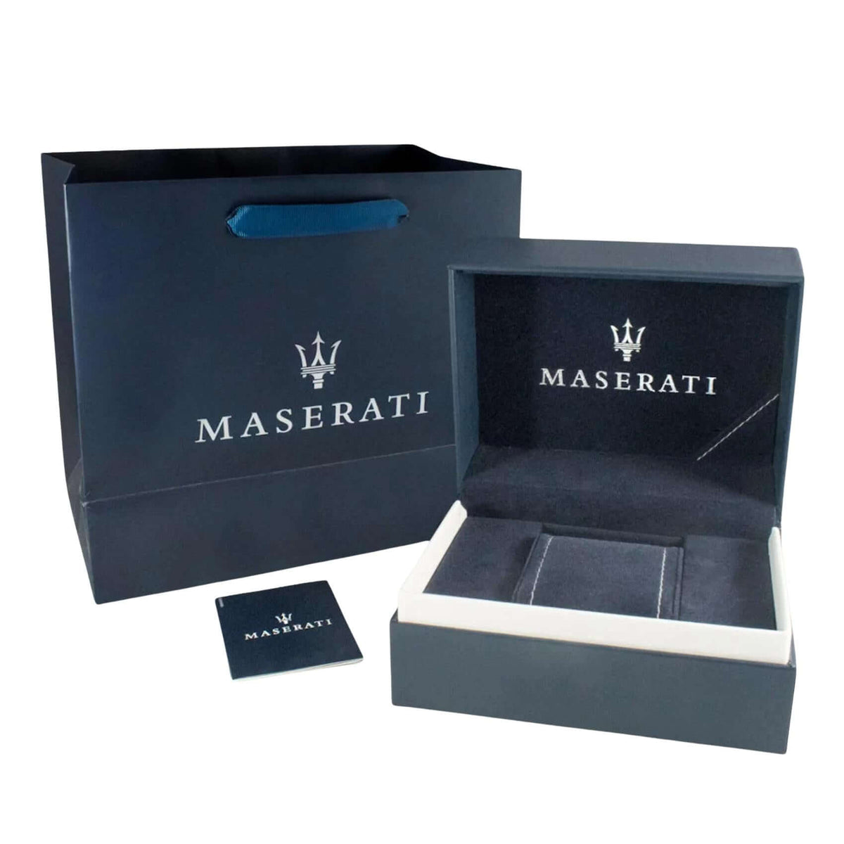 Συσκευασία του ανδρικού ρολογιού Maserati Sorpasso R8873624013 με πιστοποιητικό γνησιότητας και εγγύηση 2 ετών.