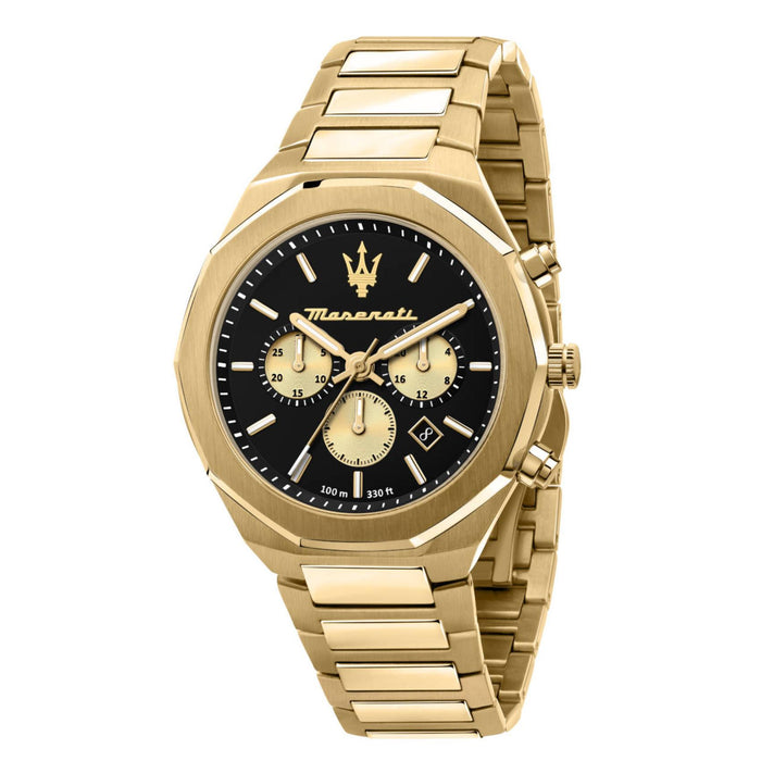 Ανδρικό ρολόι Maserati Stile R8873642001 χρονογράφος με χρυσό μπρασελέ από ανοξείδωτο ατσάλι, μαύρο καντράν, χρυσούς δείκτες και κάσα 45mm.