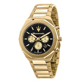 Ανδρικό ρολόι Maserati Stile R8873642001 χρονογράφος με χρυσό μπρασελέ από ανοξείδωτο ατσάλι, μαύρο καντράν, χρυσούς δείκτες και κάσα 45mm.