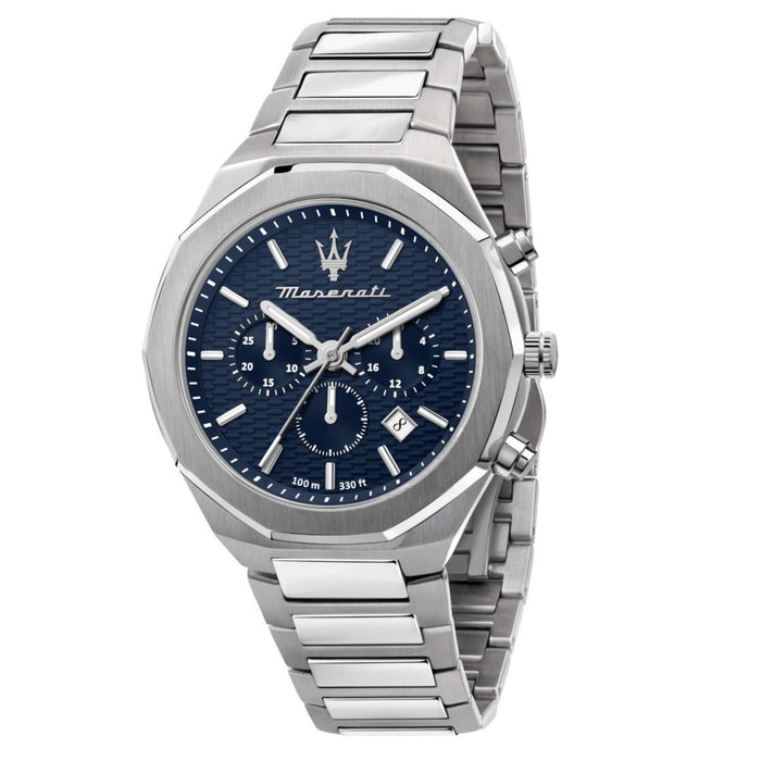 Ανδρικό ρολόι Maserati Stile R8873642006 χρονογράφος με ασημί μπρασελέ από ανοξείδωτο ατσάλι, μπλε καντράν, ασημί δείκτες και κάσα 45mm
