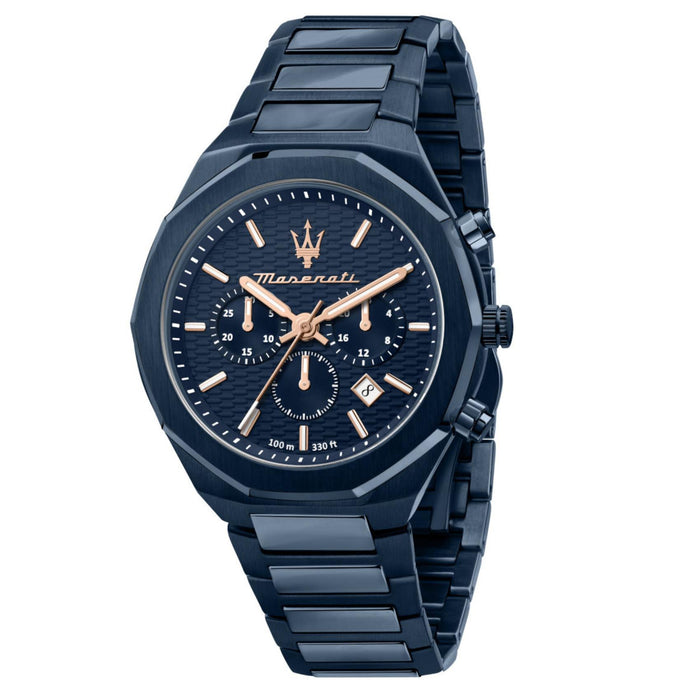 Ανδρικό ρολόι Maserati Stile R8873642008 χρονογράφος με μπλε μπρασελέ από ανοξείδωτο ατσάλι, μπλε καντράν, ροζ χρυσούς δείκτες και κάσα 45mm