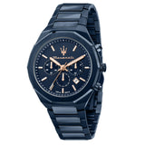 Ανδρικό ρολόι Maserati Stile R8873642008 χρονογράφος με μπλε μπρασελέ από ανοξείδωτο ατσάλι, μπλε καντράν, ροζ χρυσούς δείκτες και κάσα 45mm