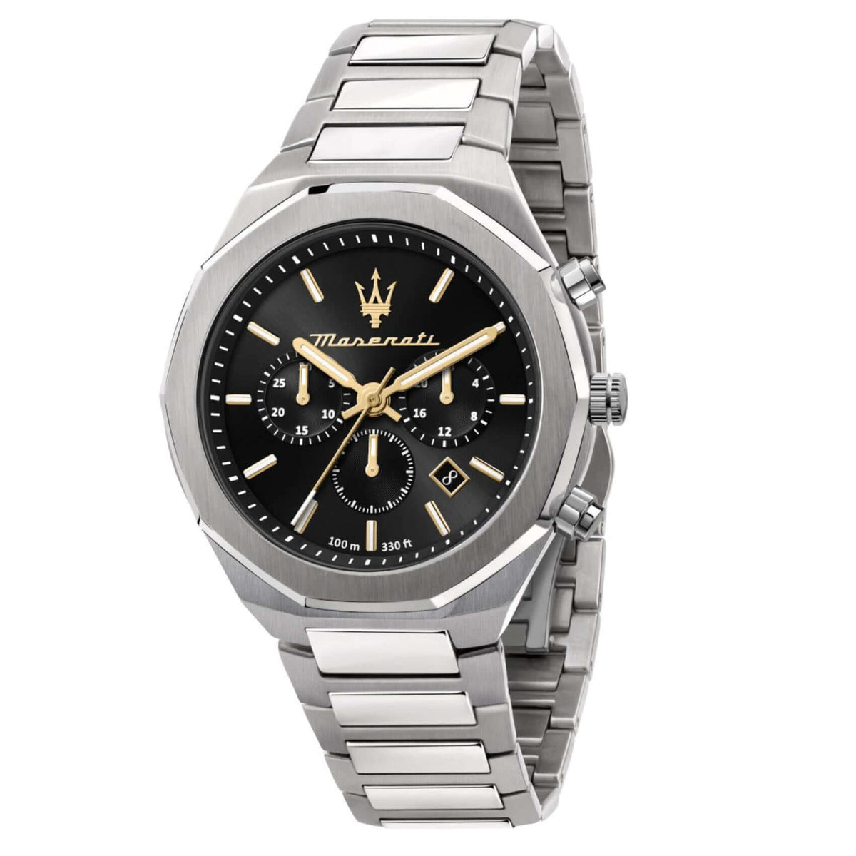 Ανδρικό ρολόι Maserati Stile R8873642010 χρονογράφος με ασημί μπρασελέ από ανοξείδωτο ατσάλι, μαύρο καντράν, επίχρυσους δείκτες και κάσα 45mm