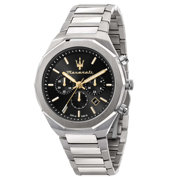 Ανδρικό ρολόι Maserati Stile R8873642010 χρονογράφος με ασημί μπρασελέ από ανοξείδωτο ατσάλι, μαύρο καντράν, επίχρυσους δείκτες και κάσα 45mm
