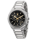 Ανδρικό ρολόι Maserati Stile R8873642010 χρονογράφος με ασημί μπρασελέ από ανοξείδωτο ατσάλι, μαύρο καντράν, επίχρυσους δείκτες και κάσα 45mm