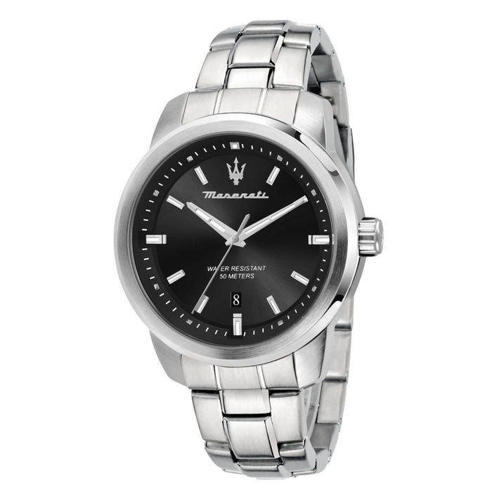 Ανδρικό ρολόι Maserati Successo R8853121006 με ασημί μπρασελέ από ανοξείδωτο ατσάλι, μαύρο καντράν, ασημένιους δείκτες και κάσα 44mm