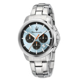 Ανδρικό ρολόι Maserati Successo R8873621044 χρονογράφος με ασημί μπρασελέ από ανοξείδωτο ατσάλι, γαλάζιο καντράν με μαύρες λεπτομέρειες, ασημί δείκτες και κάσα 42mm