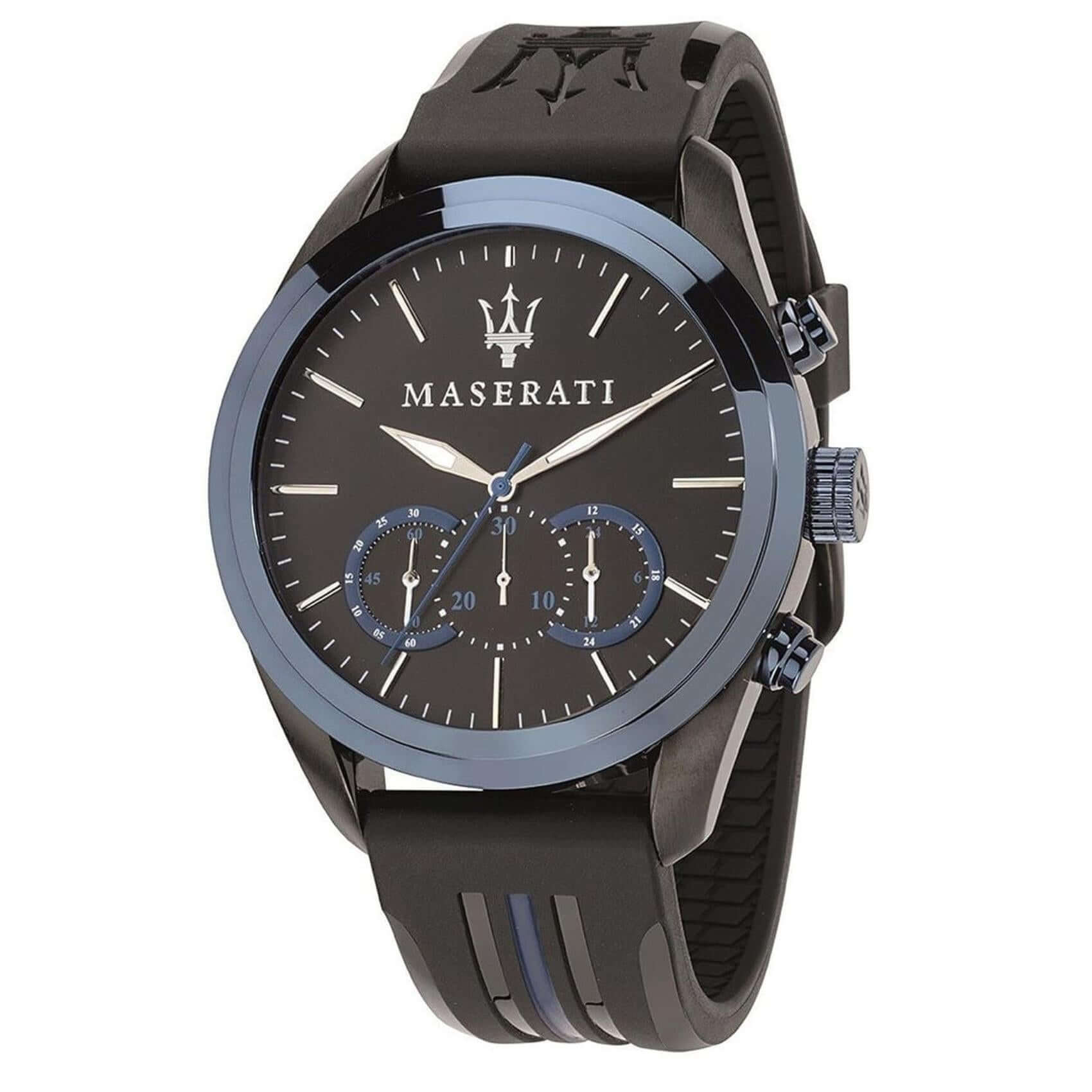 Ανδρικό ρολόι Maserati Traguardo R8871612006 χρονογράφος με μαύρο λουράκι καουτσούκ, μαύρο καντράν 45 mm και στεγανότητα 10ATM. 
