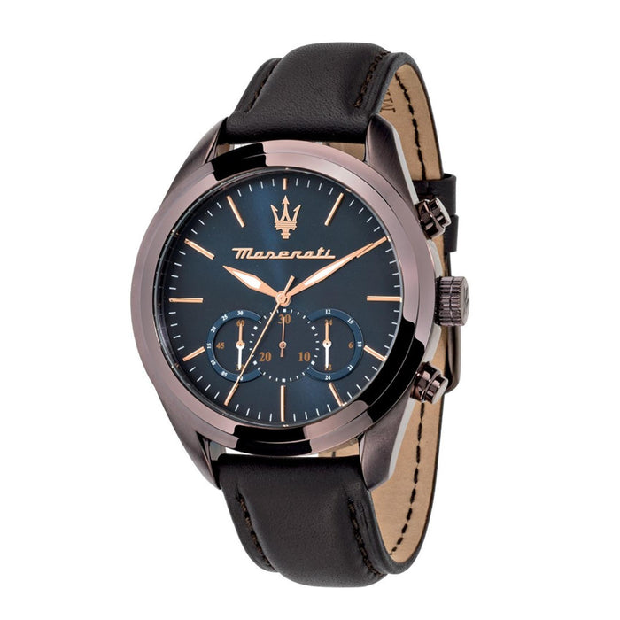 Ανδρικό ρολόι Maserati Traguardo R8871612008 χρονογράφος με καφέ δερμάτινο λουράκι, μπλε καντράν με ροζ χρυσούς δείκτες και κάσα 45mm