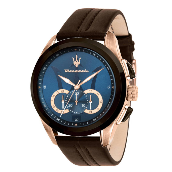 Ανδρικό ρολόι Maserati Traguardo R8871612024 χρονογράφος με καφέ δερμάτινο λουράκι, μπλε καντράν με ροζ χρυσούς δείκτες και ροζ χρυσή κάσα PVD 45mm