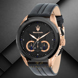 Φωτογραφία του μαύρου καντράν του Maserati Traguardo R8871612025 χρονογράφου με ροζ χρυσούς δείκτες, υποκαντράν και ένδειξη ημερομηνίας, τζαμάκι από ορυκτό κρύσταλλο ειδικής σκλήρυνσης. 