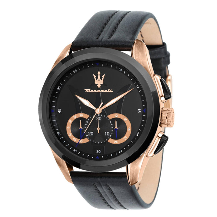 Ανδρικό ρολόι Maserati Traguardo R8871612025 χρονογράφος με μαύρο δερμάτινο λουράκι, μαύρο καντράν με ροζ χρυσούς δείκτες και ροζ χρυσή κάσα PVD 45mm