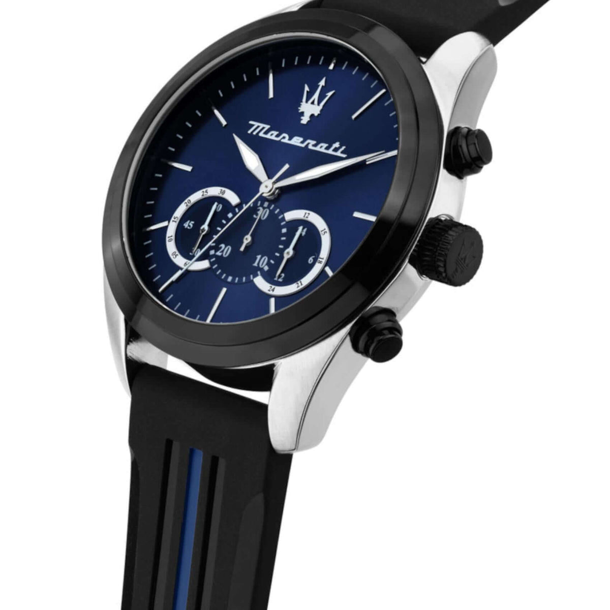 Πλάγια όψη του ανδρικού ρολογιού Maserati Traguardo R8871612044 με μαύρη κάσα και μαύρο λουράκι καουτσούκ.