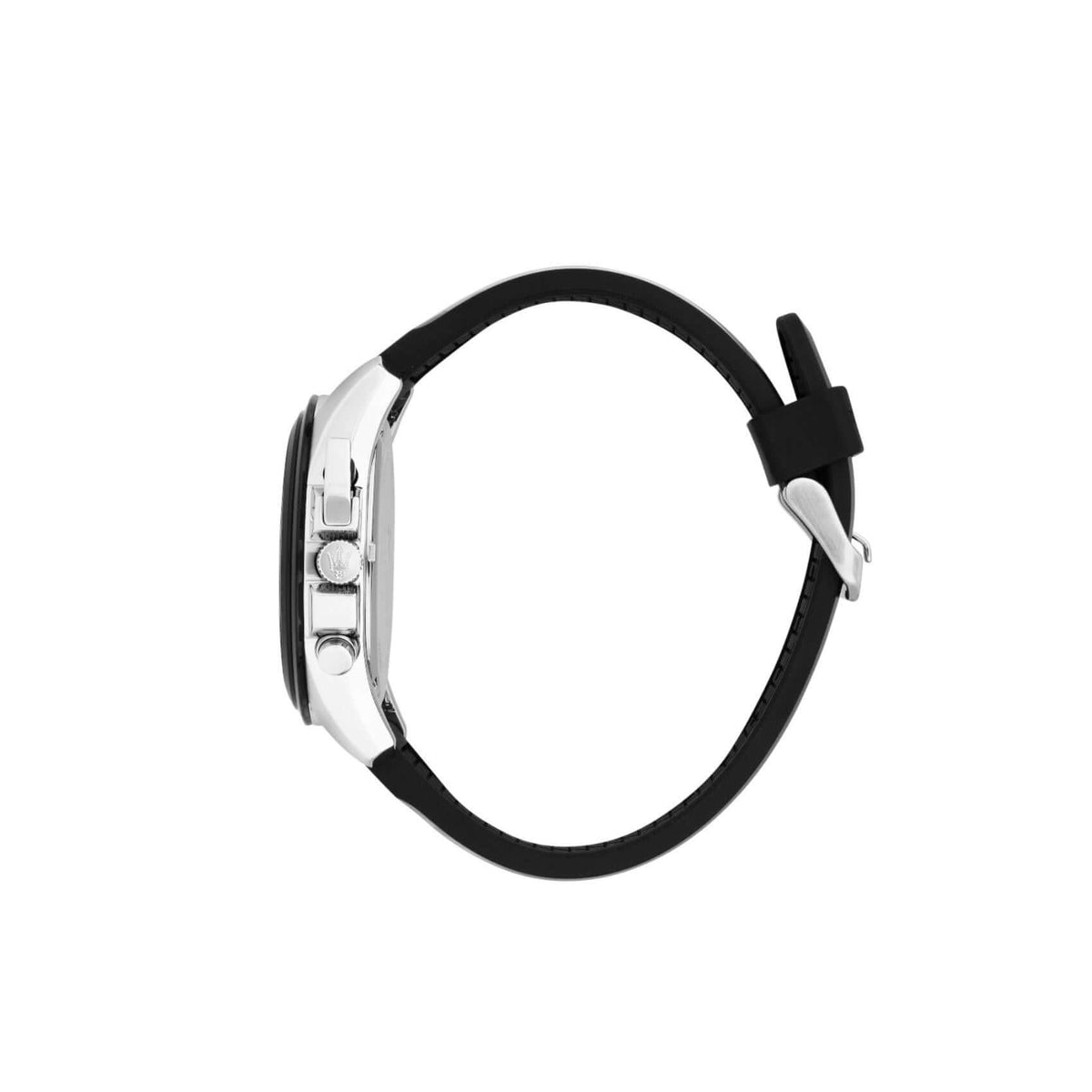 Πλάγια όψη από το ανδρικό ρολόι Maserati Traguardo R8871612047 με κάσα 43mm και μαύρο λουράκι από καουτσούκ.