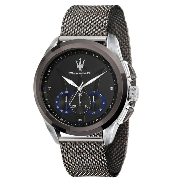 Ανδρικό ρολόι Maserati Traguardo R8873612006 χρονογράφος με ασημί μπρασελέ από ανοξείδωτο ατσάλι, μαύρο καντράν με μπλε λεπτομέρειες, ασημί δείκτες και κάσα 45mm