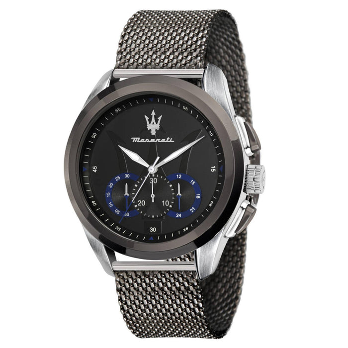 Ανδρικό ρολόι Maserati Traguardo R8873612006 χρονογράφος με ασημί μπρασελέ από ανοξείδωτο ατσάλι, μαύρο καντράν με μπλε λεπτομέρειες, ασημί δείκτες και κάσα 45mm