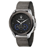 Ανδρικό ρολόι Maserati Traguardo R8873612006 χρονογράφος με ασημί μπρασελέ από ανοξείδωτο ατσάλι, μαύρο καντράν με μπλε λεπτομέρειες, ασημί δείκτες και κάσα 45mm