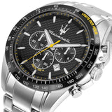 Ανδρικό ρολόι Maserati Traguardo R8873612042 χρονογράφος με ασημί μπρασελέ από ανοξείδωτο ατσάλι, μαύρο καντράν με κίτρινες λεπτομέρειες, ασημί δείκτες και κάσα 45mm