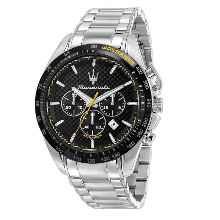 Ανδρικό ρολόι Maserati Traguardo R8873612042 χρονογράφος με ασημί μπρασελέ από ανοξείδωτο ατσάλι, μαύρο καντράν, ασημί δείκτες και κάσα 45mm