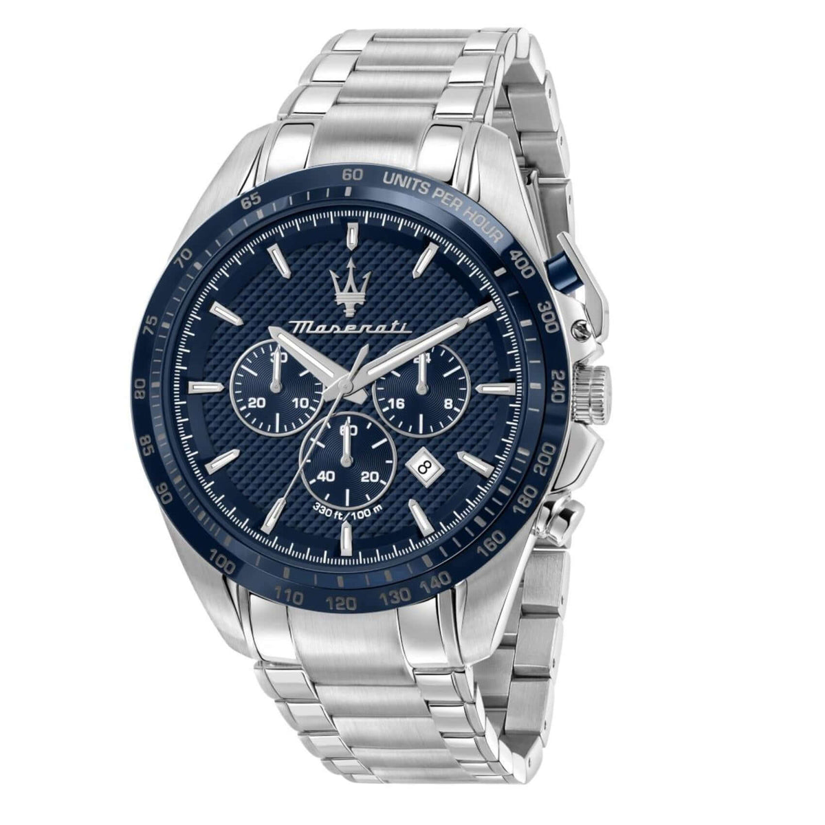 Ανδρικό ρολόι Maserati Traguardo R8873612043 χρονογράφος με ασημί μπρασελέ από ανοξείδωτο ατσάλι, μπλε καντράν, ασημί δείκτες και κάσα 45mm