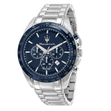 Ανδρικό ρολόι Maserati Traguardo R8873612043 χρονογράφος με ασημί μπρασελέ από ανοξείδωτο ατσάλι, μπλε καντράν, ασημί δείκτες και κάσα 45mm