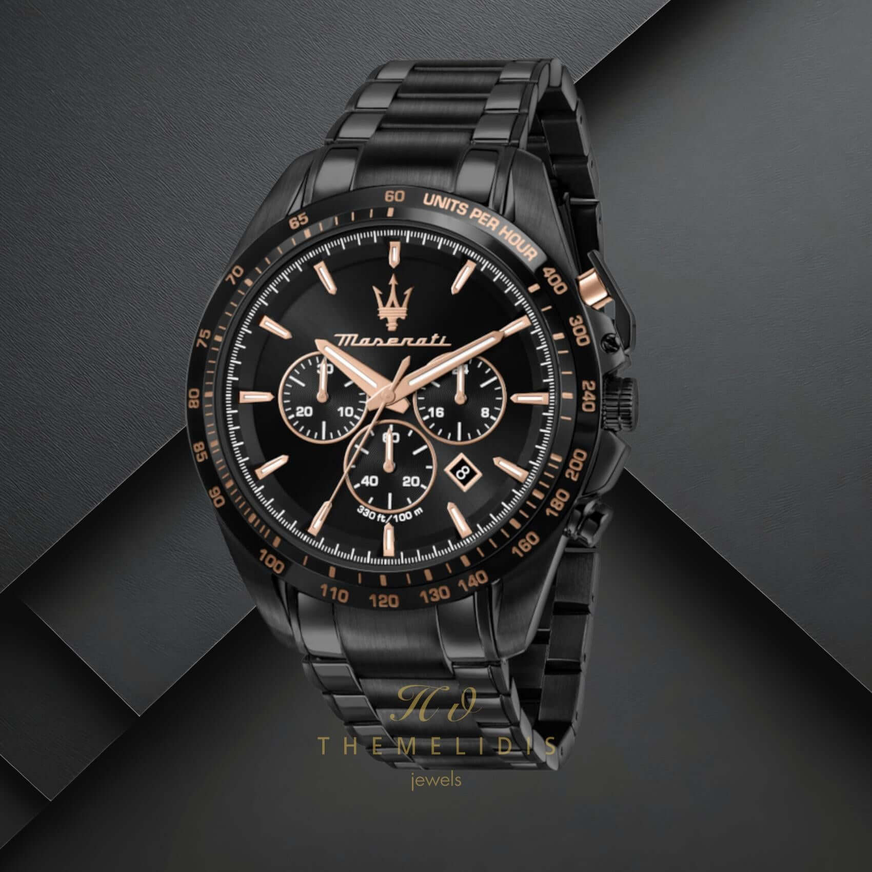 Ανδρικό ρολόι Maserati Traguardo R8873612048 χρονογράφος με μαύρο μπρασελέ από ανοξείδωτο ατσάλι, μαύρο καντράν, ροζ επίχρυσους δείκτες και κάσα 45mm