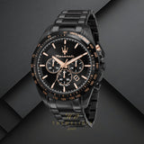 Ανδρικό ρολόι Maserati Traguardo R8873612048 χρονογράφος με μαύρο μπρασελέ από ανοξείδωτο ατσάλι, μαύρο καντράν, ροζ επίχρυσους δείκτες και κάσα 45mm