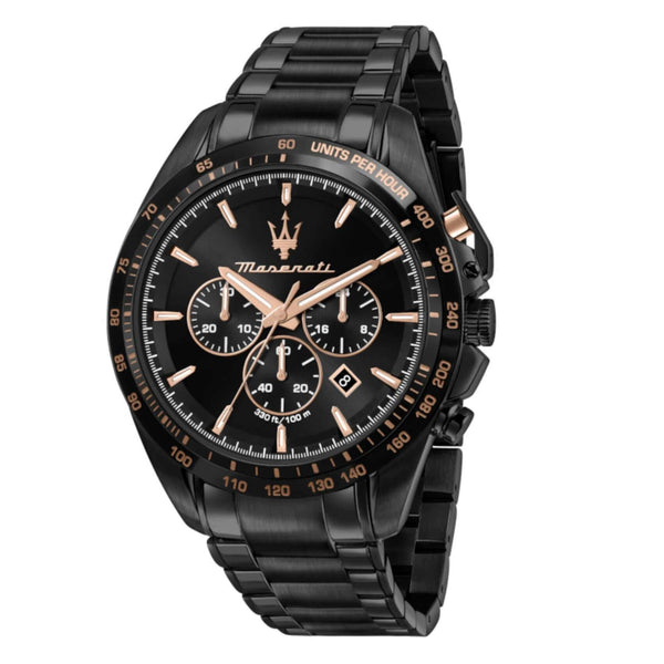 Ανδρικό ρολόι Maserati Traguardo R8873612048 χρονογράφος με μαύρο μπρασελέ από ανοξείδωτο ατσάλι, μαύρο καντράν και κάσα 45mm