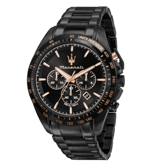 Ανδρικό ρολόι Maserati Traguardo R8873612048 χρονογράφος με μαύρο μπρασελέ από ανοξείδωτο ατσάλι, μαύρο καντράν και κάσα 45mm