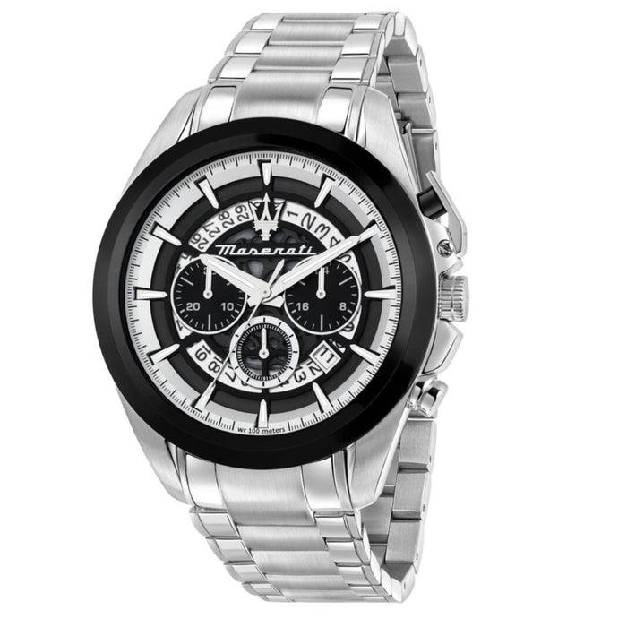Ανδρικό ρολόι Maserati Traguardo R8873612059 χρονογράφος με ασημί μπρασελέ από ανοξείδωτο ατσάλι, ασημένιο και μαύρο καντράν, ασημένιους δείκτες και κάσα 45mm