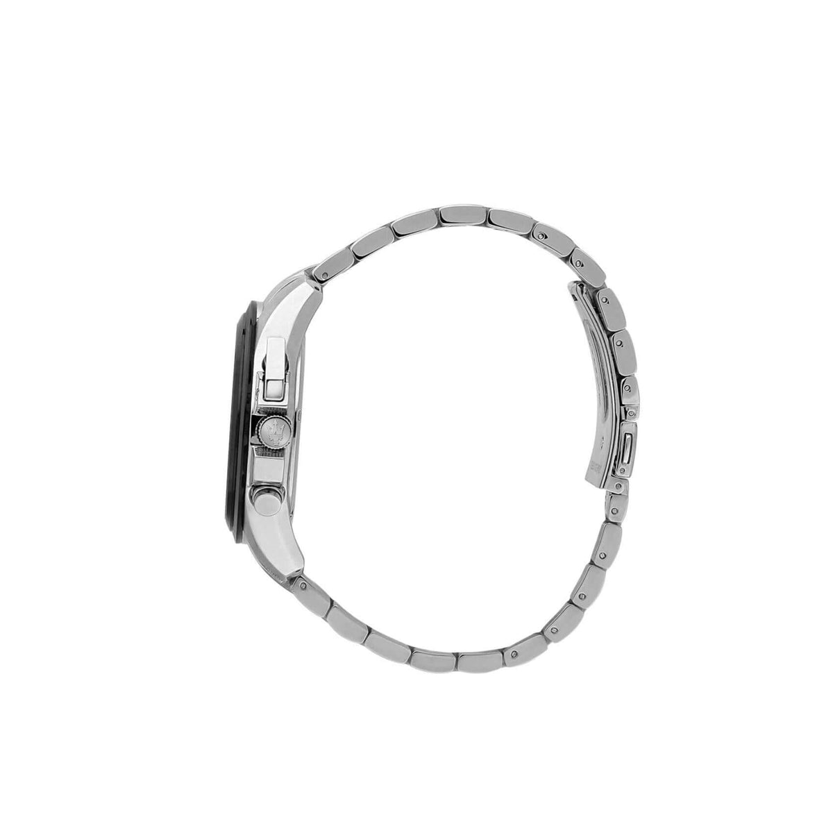 Πλάγια όψη από το ανδρικό ρολόι Maserati Traguardo R8873612065 με μαύρη κάσα 43mm και ασημί μπρασελέ.