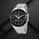 Ανδρικό ρολόι Maserati Traguardo R8873612066 με μαύρο καντράν και ασημί μπρασελέ από ανοξείδωτο ατσάλι.