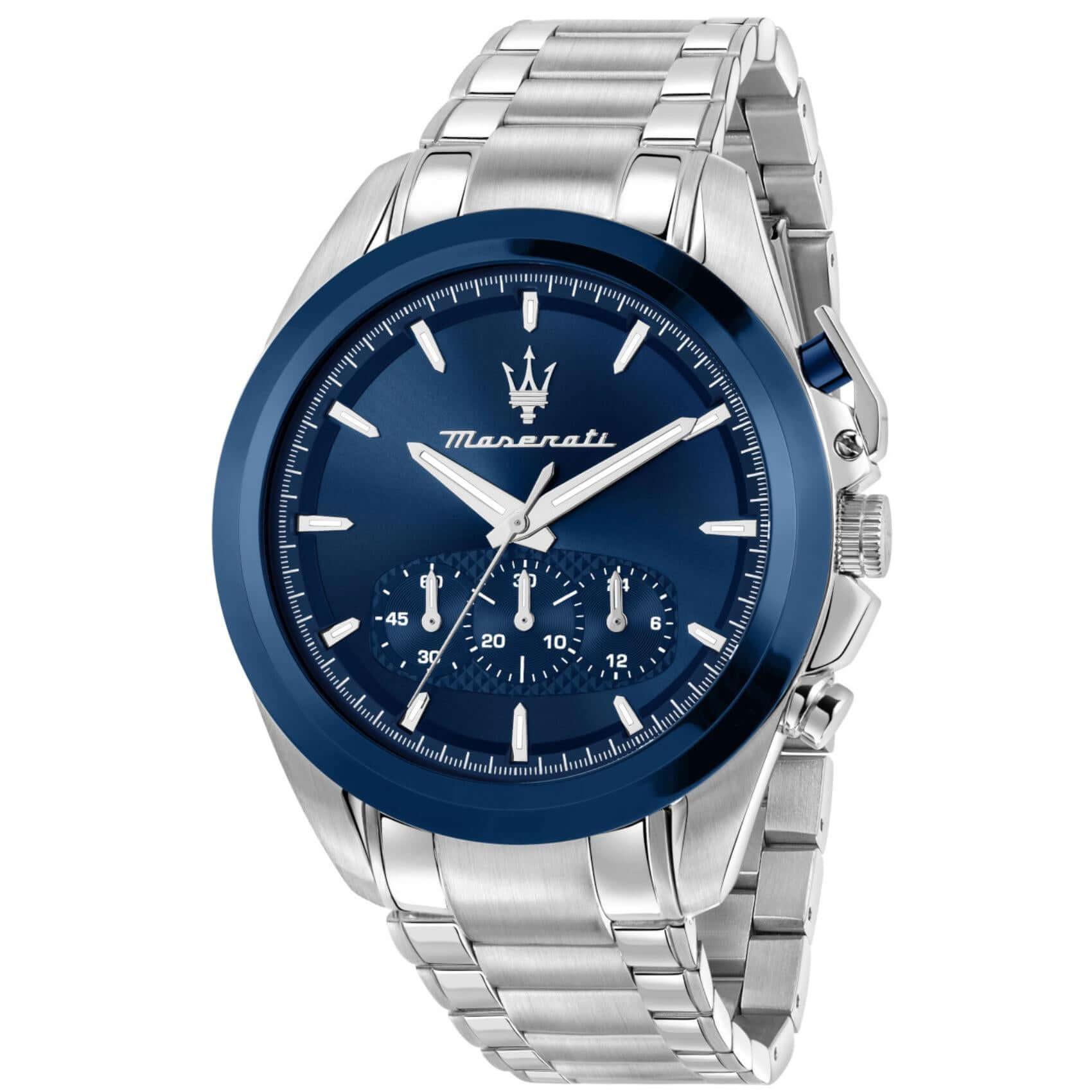 Ανδρικό ρολόι Maserati Traguardo R8873612067 με ασημί μπρασελέ από ανοξείδωτο ατσάλι και μπλε καντράν 43mm.