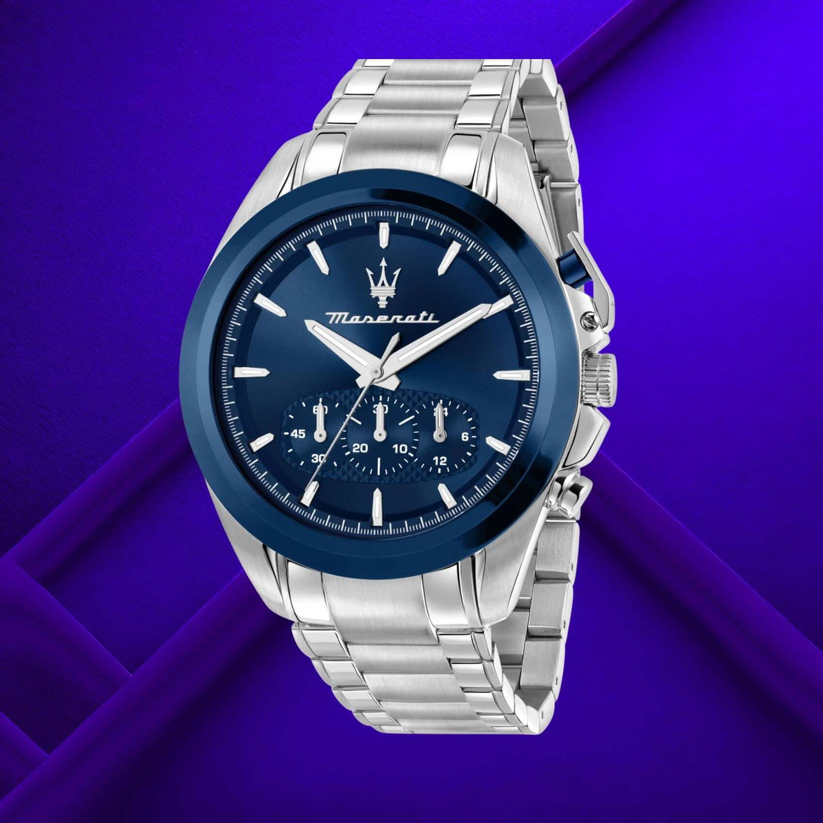 Ανδρικό ρολόι Maserati Traguardo R8873612067 με μπλε καντράν και ασημί μπρασελέ από ανοξείδωτο ατσάλι.