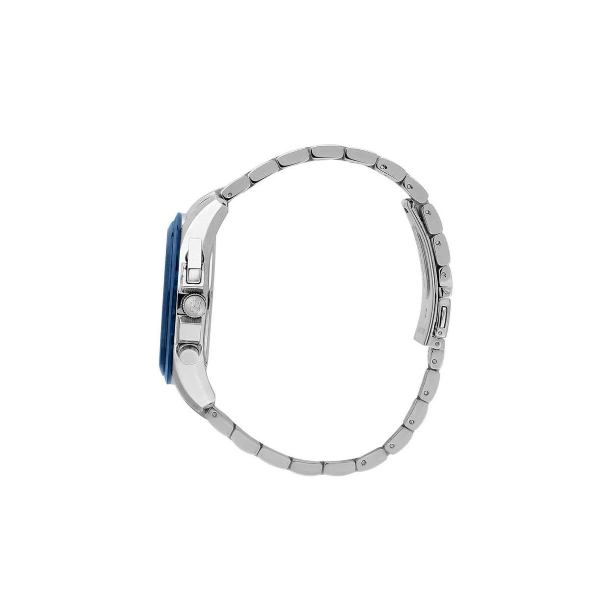 Πλάγια όψη από το ανδρικό ρολόι Maserati Traguardo R8873612067 με μπλε κάσα 43mm και ασημί μπρασελέ.